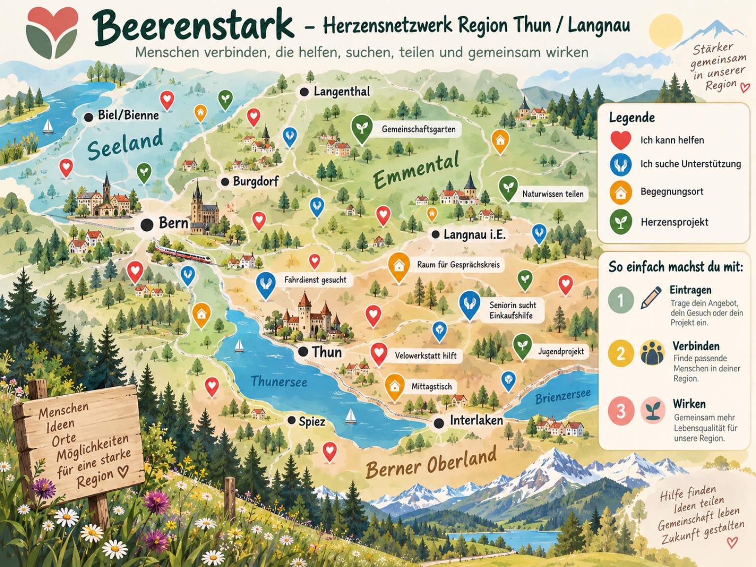 Illustration unserer Netzwerkvision mit Menschen, Begegnungsorten und Herzensprojekten zwischen Thun, Langnau und dem Seeland